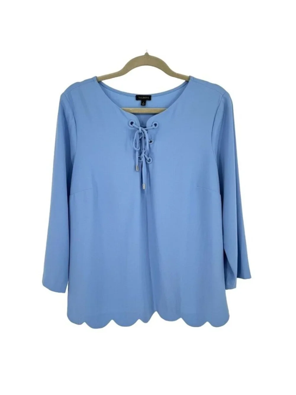 Talbots Blue Lace Up Scallop Hem Blouse Size Large Womens Top 3/4 sleeve